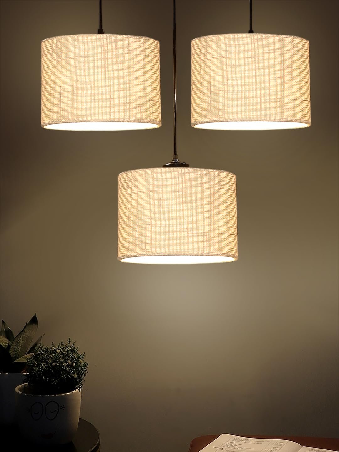 White Jute Round Drum Cluster Hanging Lamp (15X3.25X20) Inches