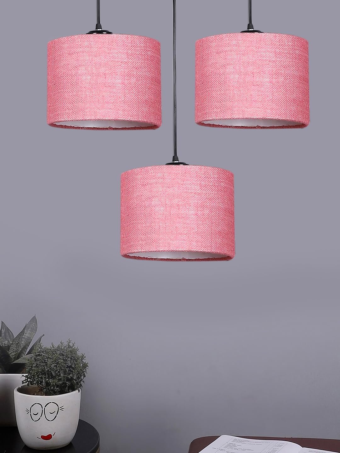 Pink Jute Round Drum Cluster Hanging Lamp (15X3.25X20) Inches
