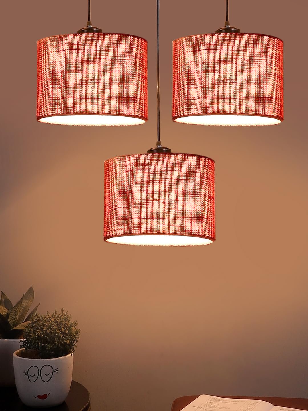 Pink Jute Round Drum Cluster Hanging Lamp (15X3.25X20) Inches