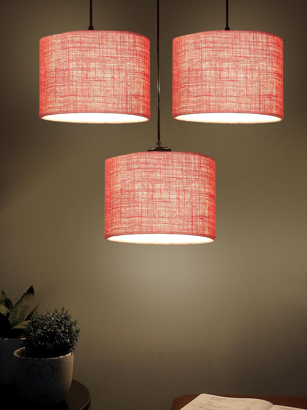 Pink Jute Round Drum Cluster Hanging Lamp (15X3.25X20) Inches