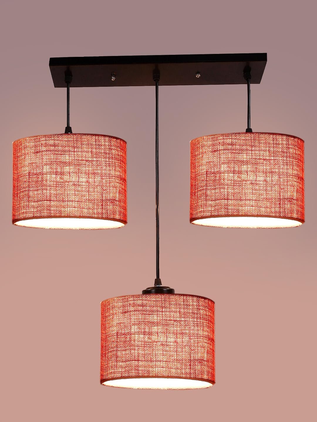 Pink Jute Round Drum Cluster Hanging Lamp (15X3.25X20) Inches