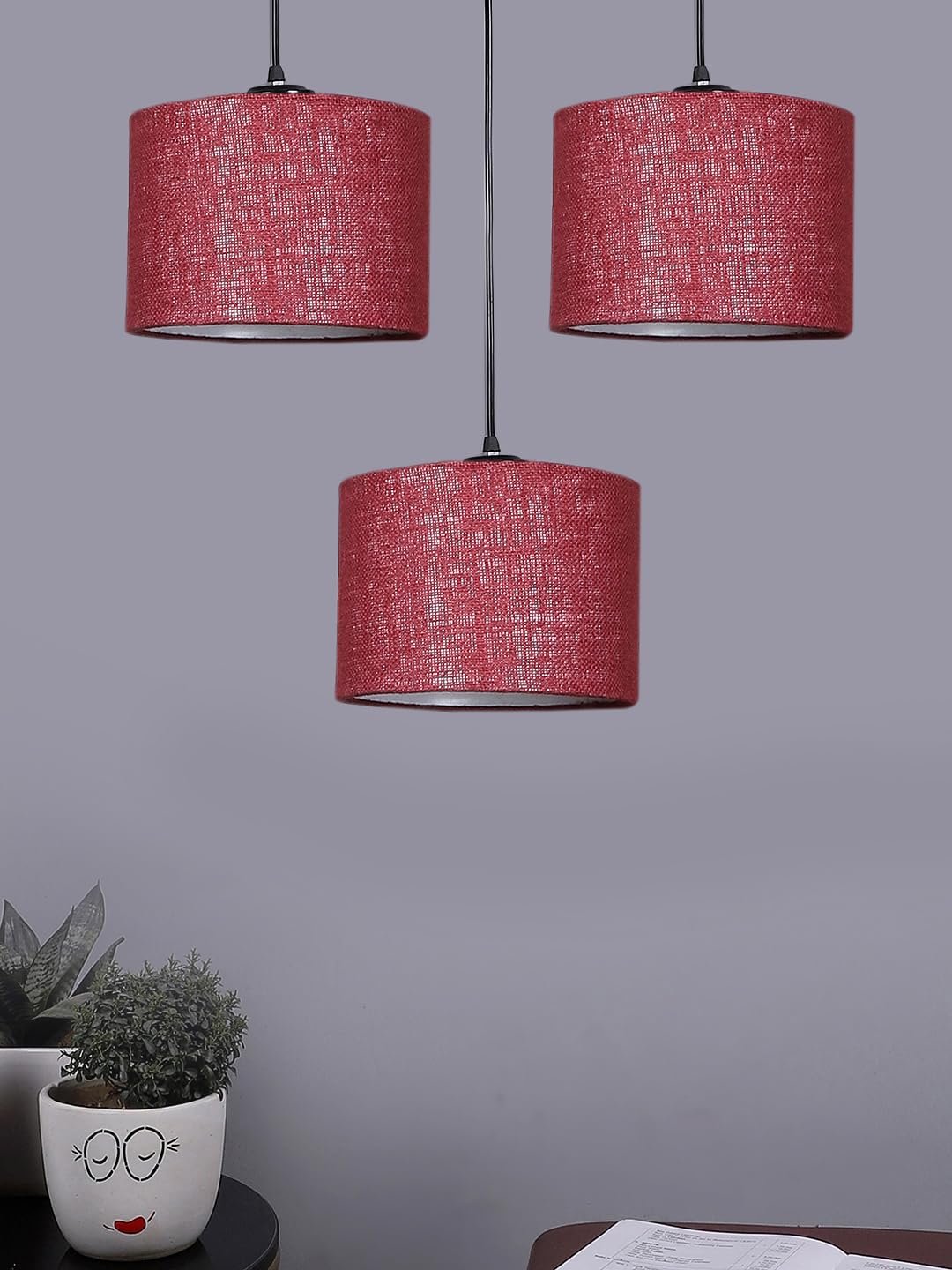 Maroon Jute Round Drum Cluster Hanging Lamp (15X3.25X20) Inches