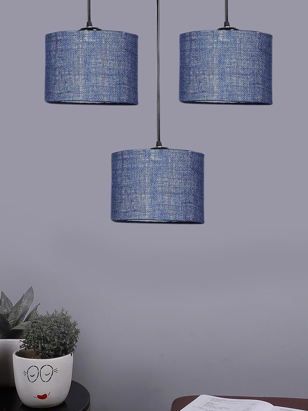 Blue Jute Round Drum Cluster Hanging Lamp (15X3.25X20) Inches
