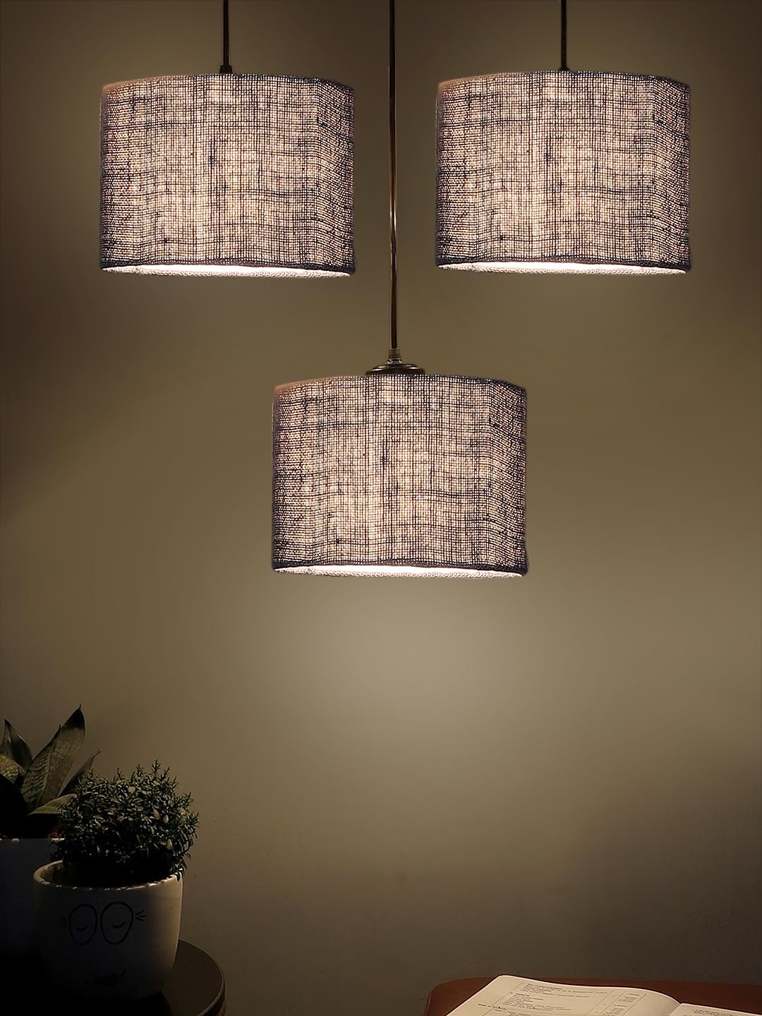 Blue Jute Round Drum Cluster Hanging Lamp (15X3.25X20) Inches