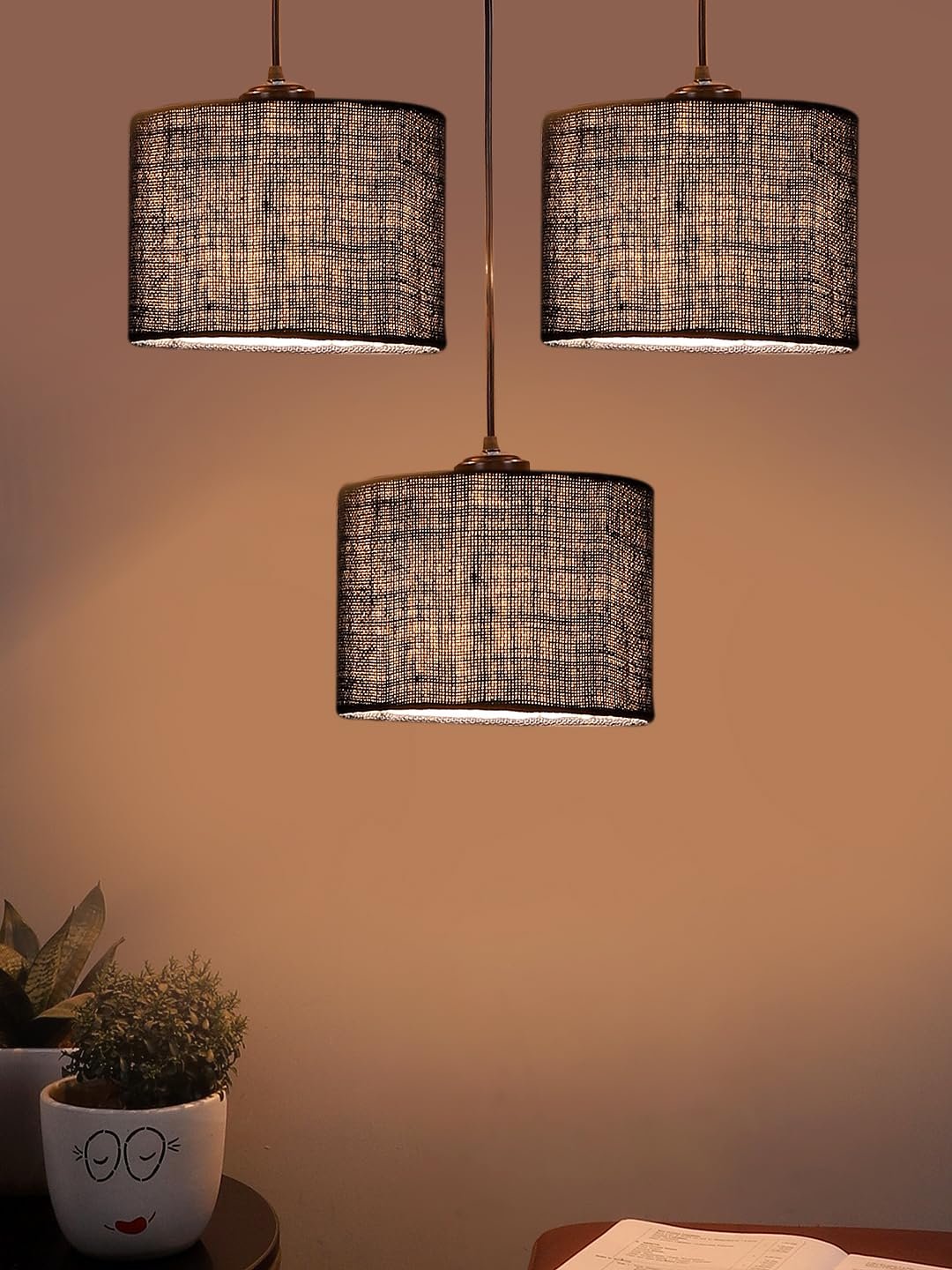 Blue Jute Round Drum Cluster Hanging Lamp (15X3.25X20) Inches