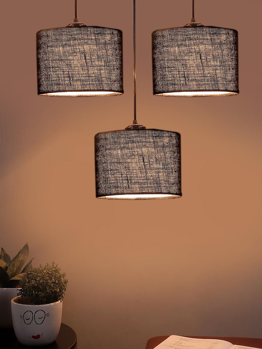 Brown Jute Round Drum Cluster Hanging Lamp (15X3.25X20) Inches