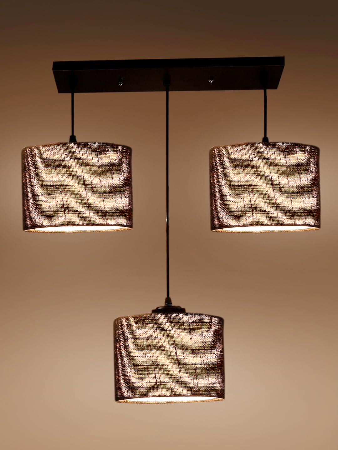 Brown Jute Round Drum Cluster Hanging Lamp (15X3.25X20) Inches