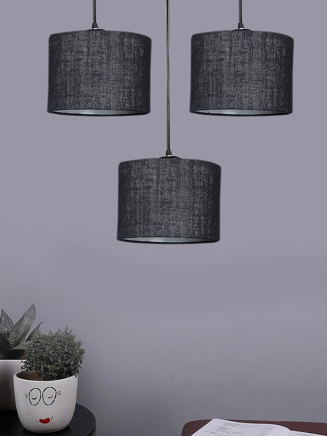Black Jute Round Drum Cluster Hanging Lamp (15X3.25X20) Inches