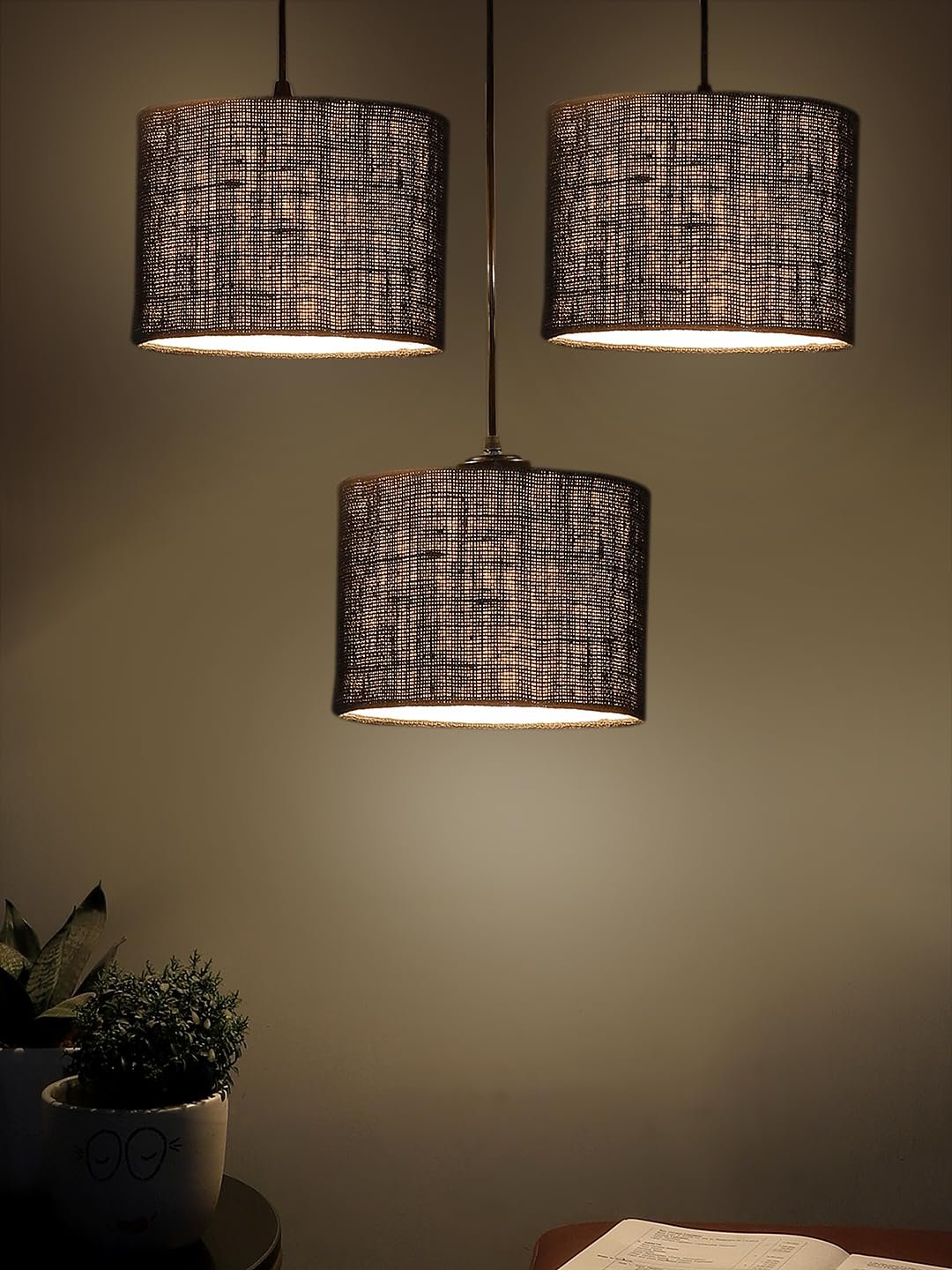 Black Jute Round Drum Cluster Hanging Lamp (15X3.25X20) Inches