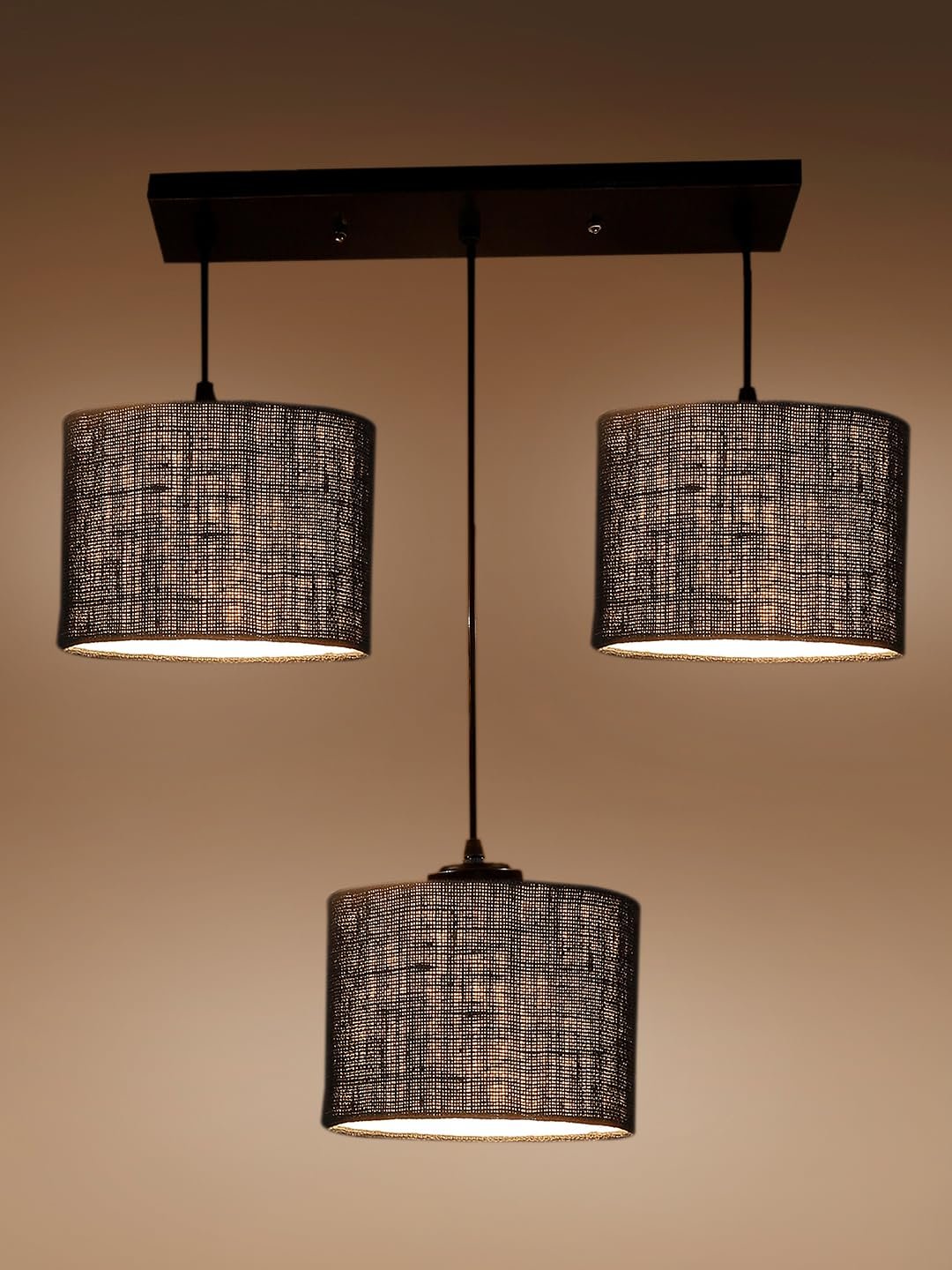Black Jute Round Drum Cluster Hanging Lamp (15X3.25X20) Inches