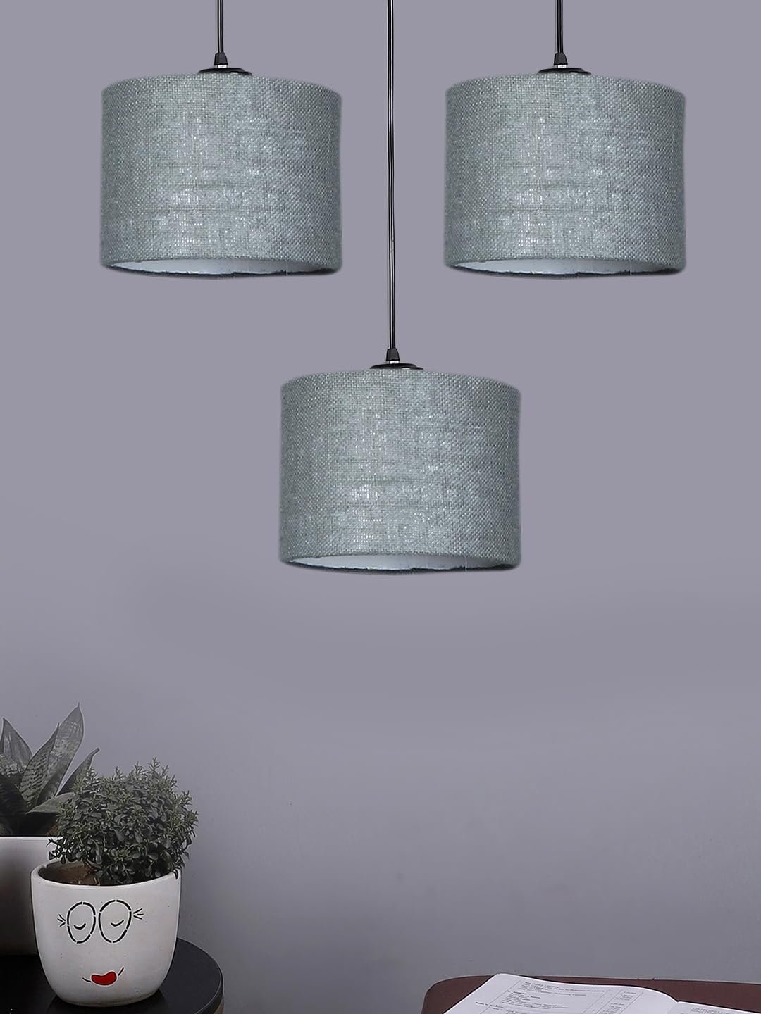 Grey Jute Round Drum Cluster Hanging Lamp (15X3.25X20) Inches