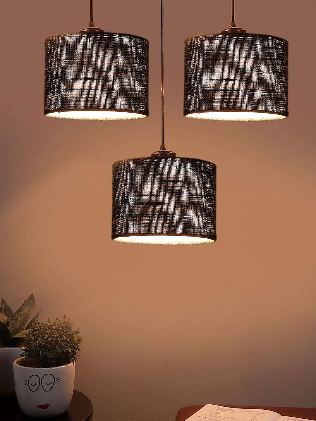 Grey Jute Round Drum Cluster Hanging Lamp (15X3.25X20) Inches