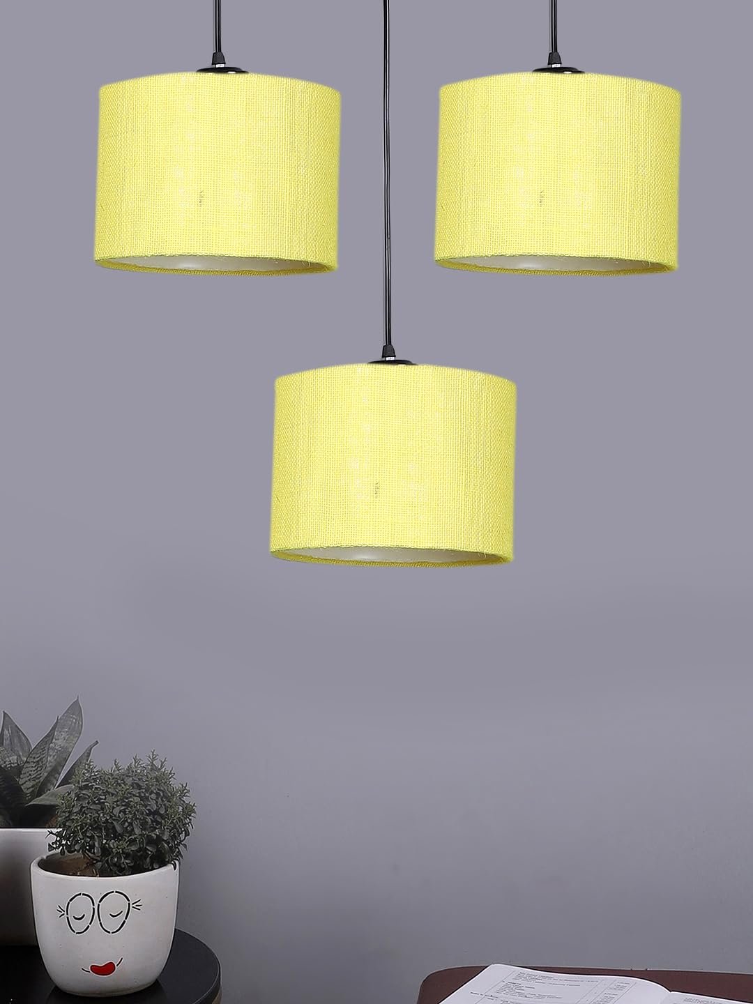 Yellow Jute Round Drum Cluster Hanging Lamp (15X3.25X20) Inches