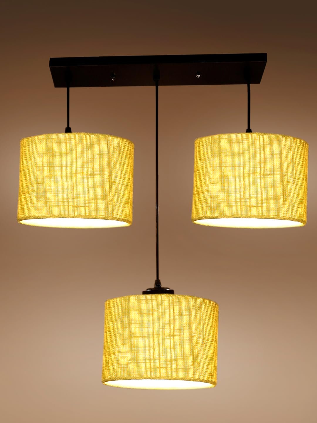 Yellow Jute Round Drum Cluster Hanging Lamp (15X3.25X20) Inches