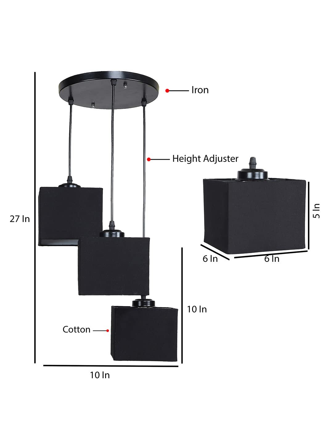 Black Cotton Square Cluster Hanging Lamp (10x10x27) Inches