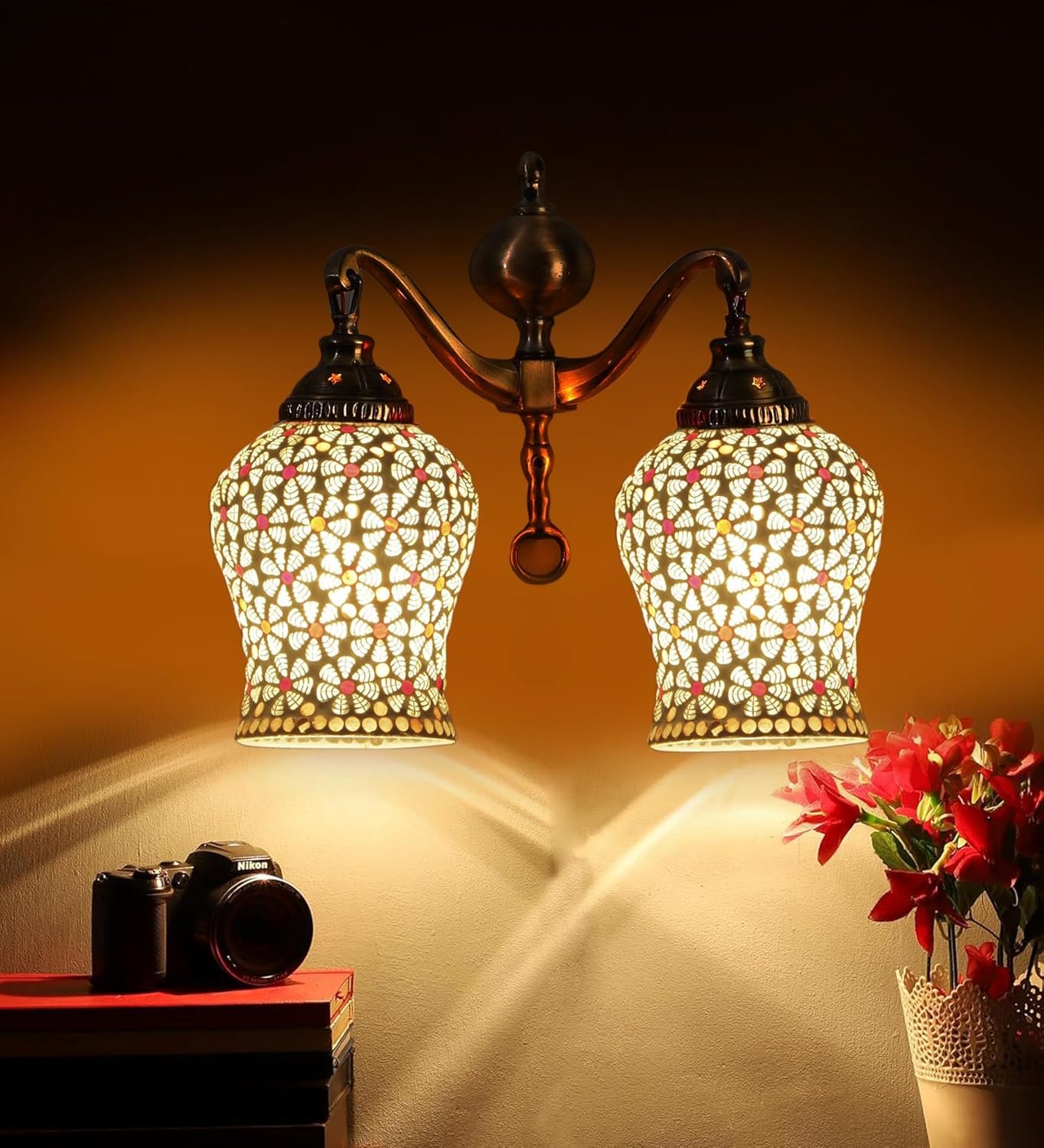 Dual Golden Antique Wall lamp with Mosaic Glass Wall d�cor Wall Hanging Light Vintage Wall Lamps Decorative lamp Traditional Wall lamp-A