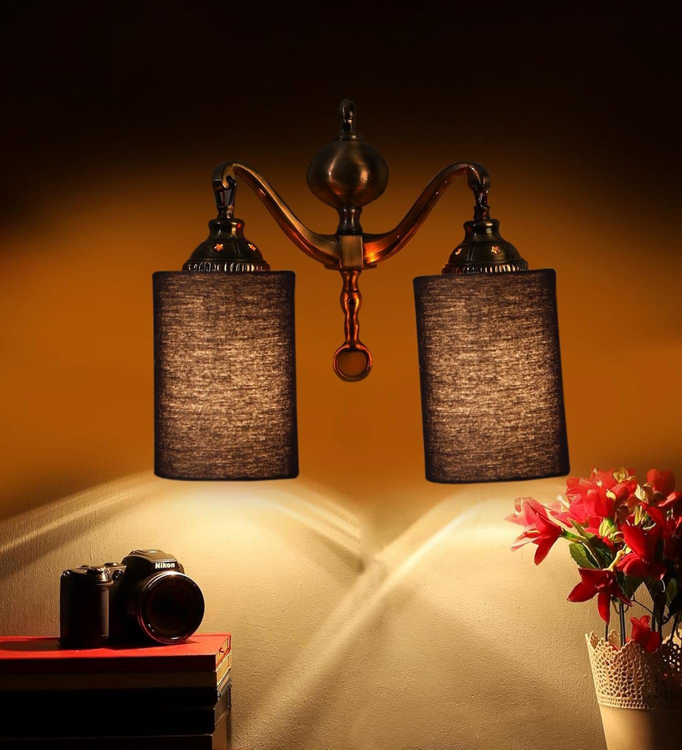 Dual Golden Antique Black Cotton Shade Wall d�cor Wall Hanging Light Vintage Wall Lamps Decorative lamp Traditional Wall lamp