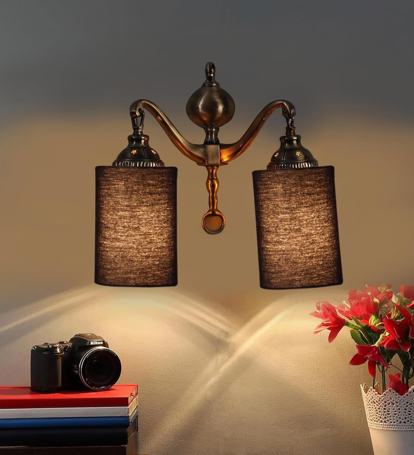 Dual Golden Antique Black Cotton Shade Wall d�cor Wall Hanging Light Vintage Wall Lamps Decorative lamp Traditional Wall lamp
