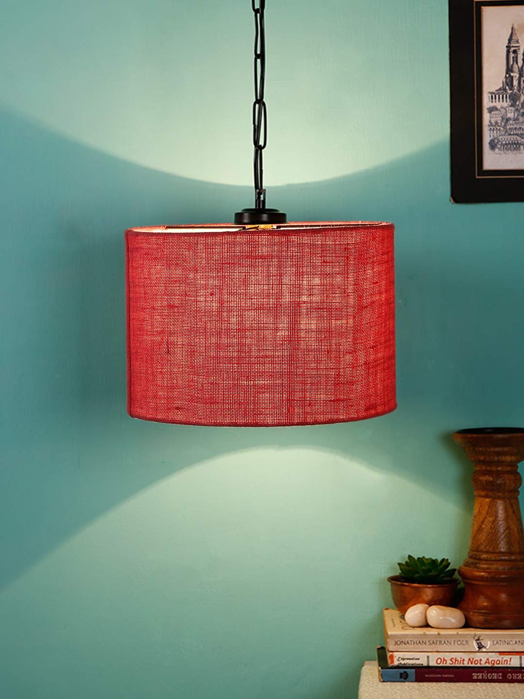 Pink Jute Drum Hanging Lamp