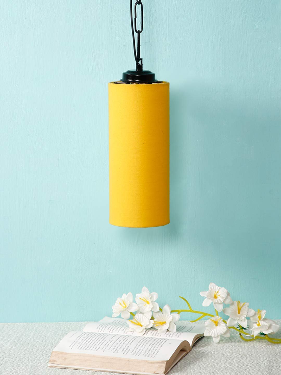 Yellow Cotton Cylindrical Hanging Lamp