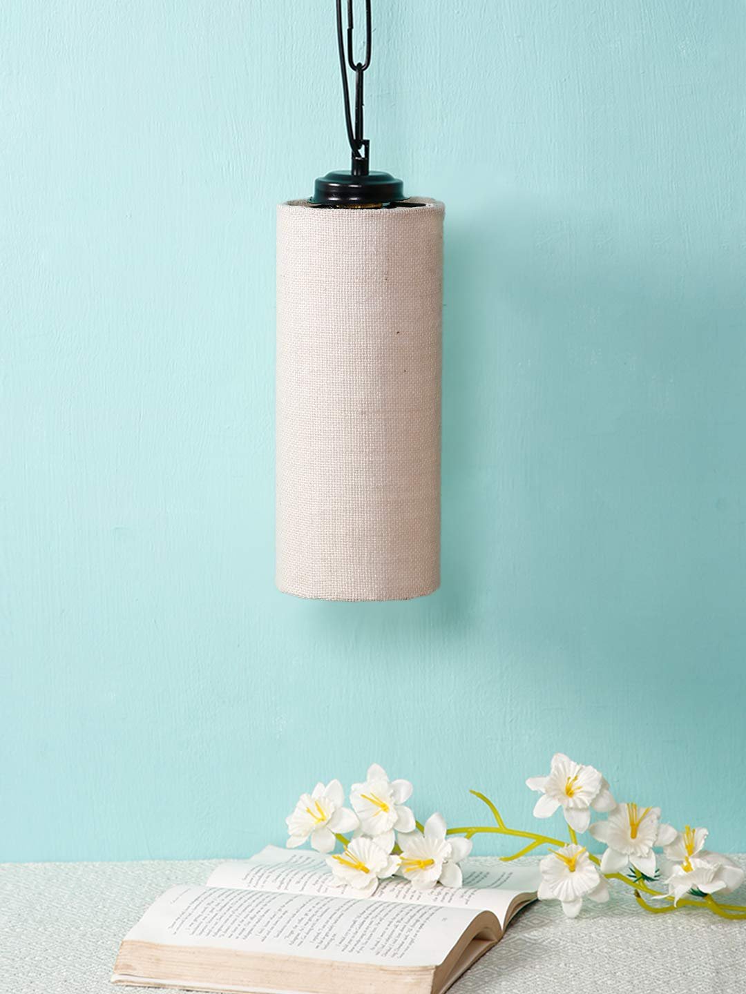 White Jute Cylindrical Hanging Lamp