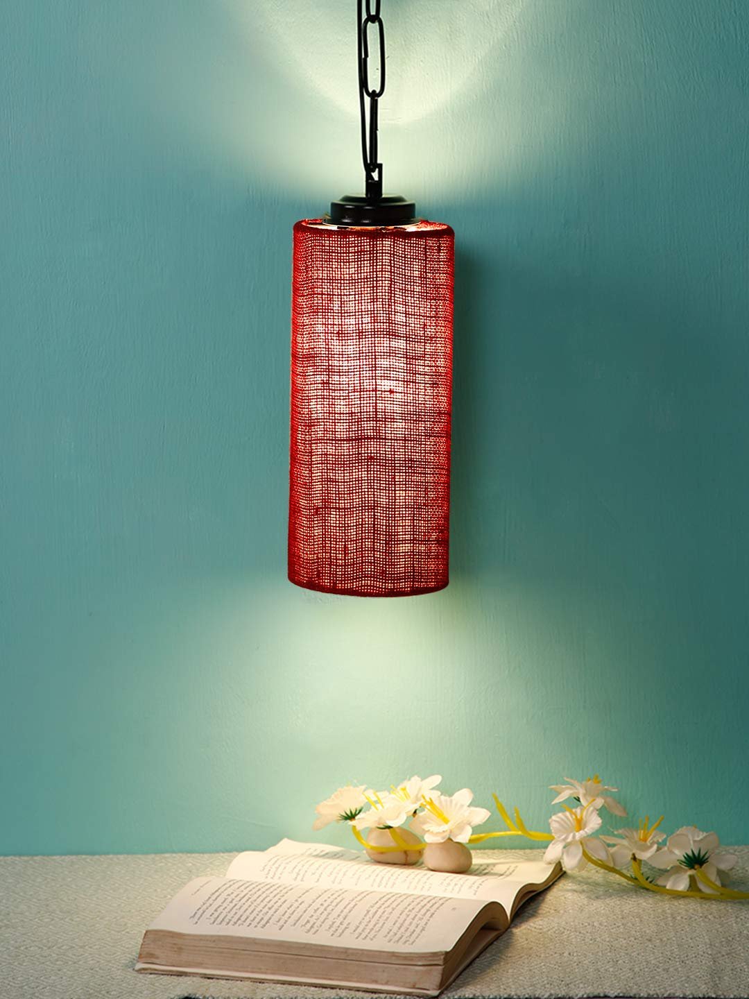 Maroon Jute Cylindrical Hanging Lamp