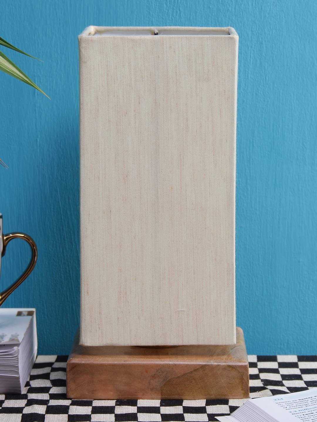 Off-White Cotton Shade with Square Wood Base