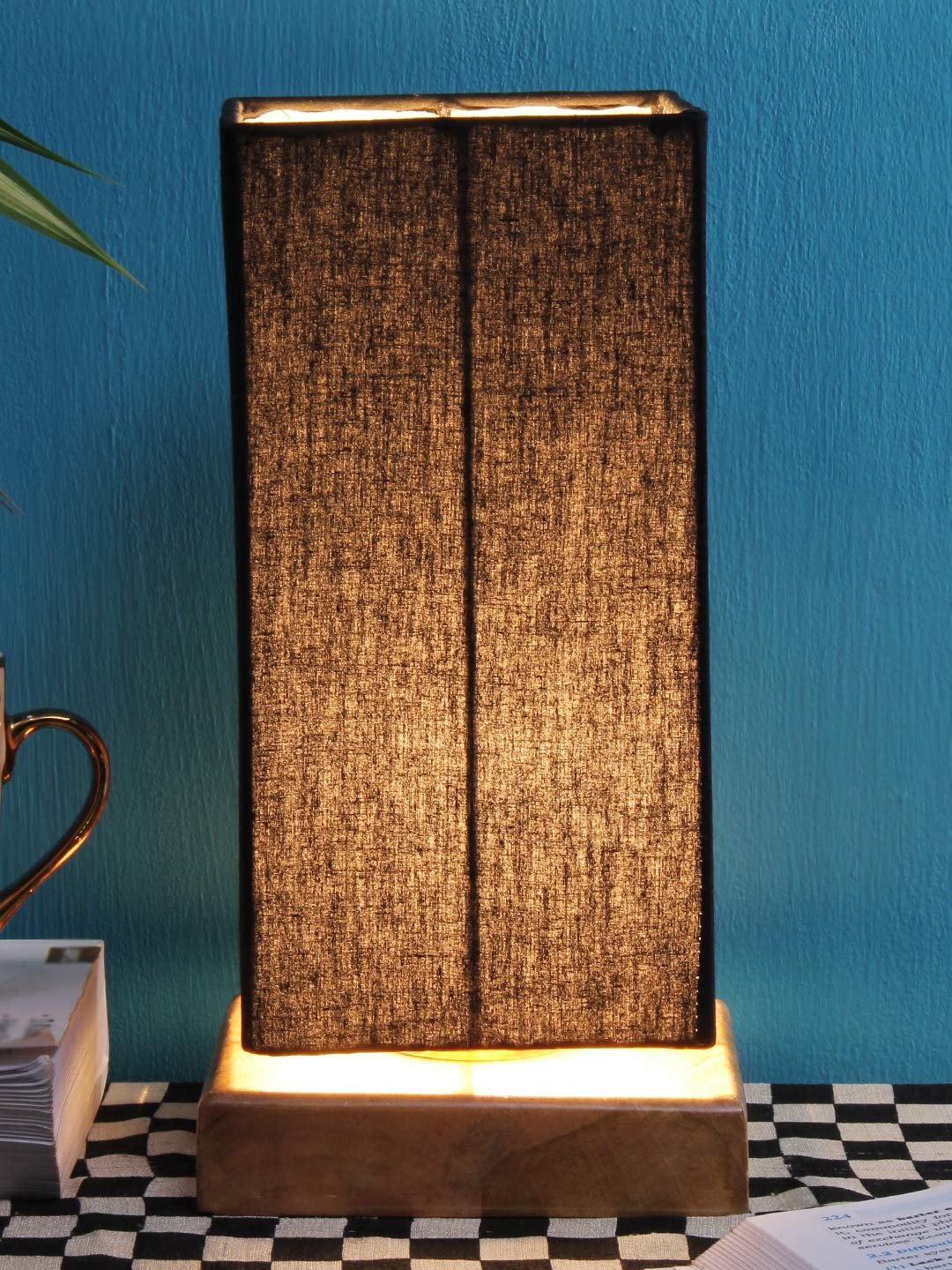 Black Cotton Shade with Square Wood Base