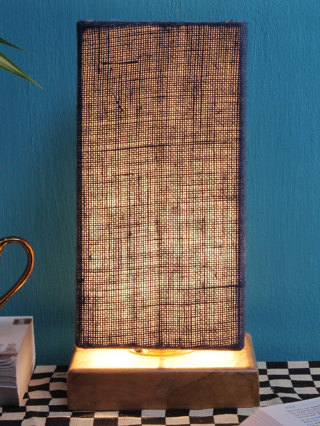 Blue Jute Shade with Square Wood Base