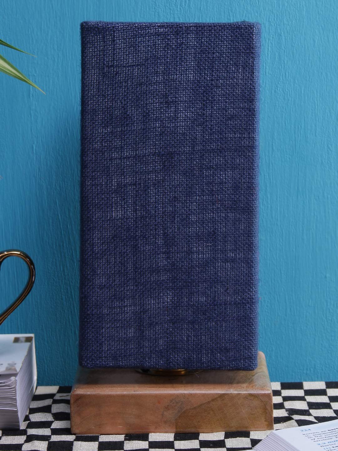 Blue Jute Shade with Square Wood Base