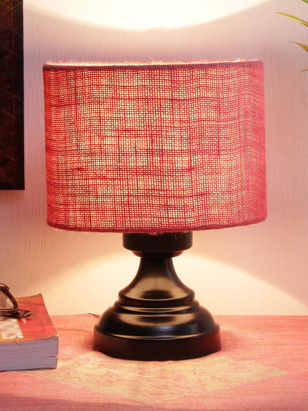 Pink Jute Shade lamp with Black Base
