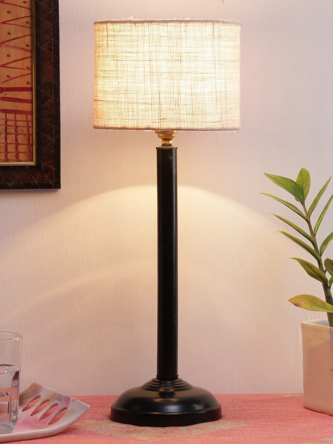 White Jute Shade lamp with Black Base
