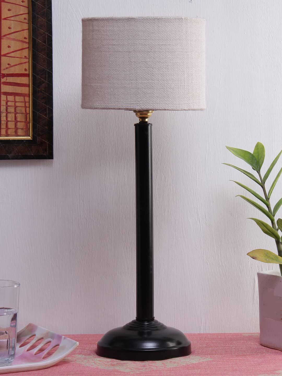 White Jute Shade lamp with Black Base