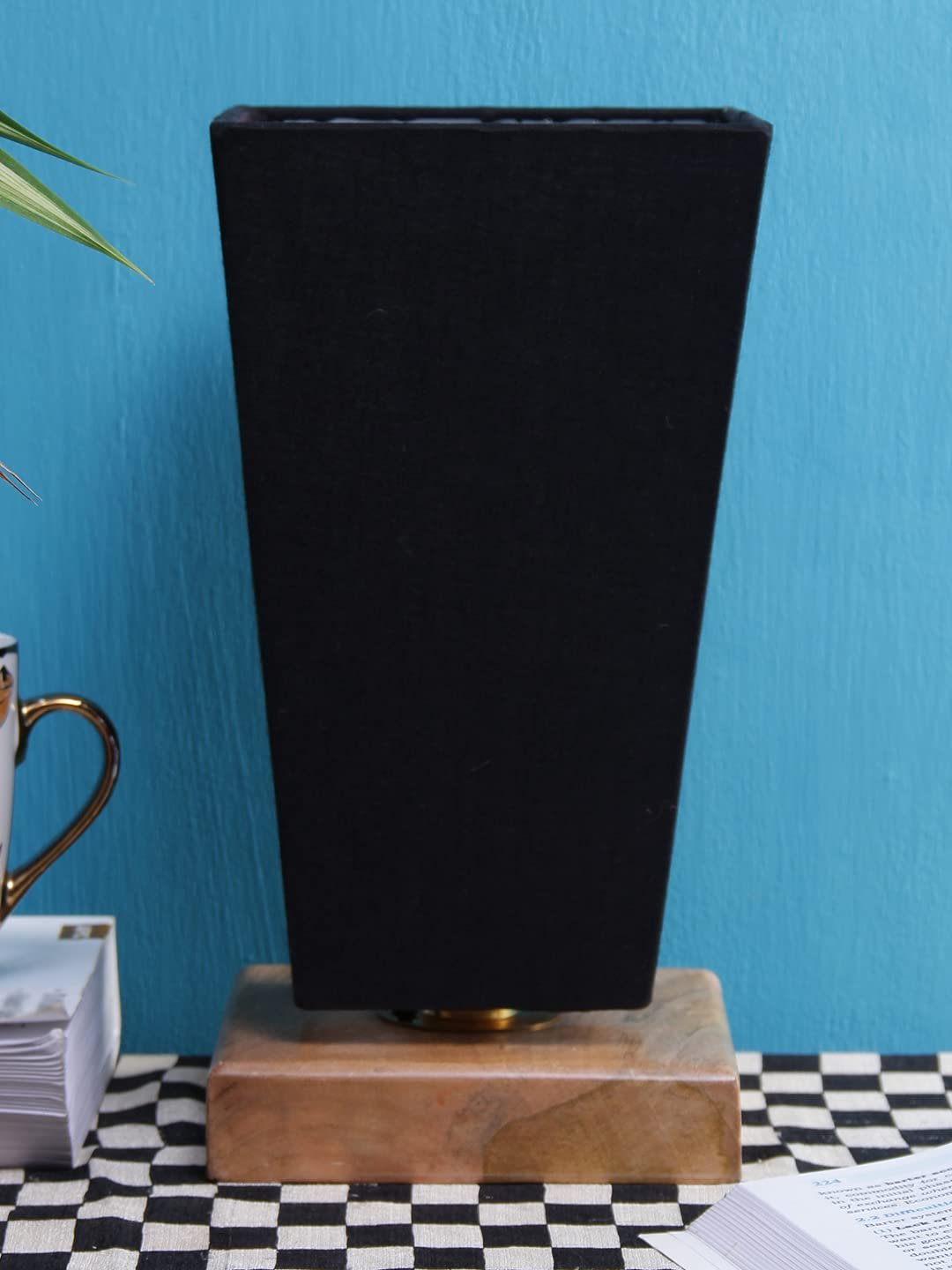 Black Pyramid Cotton Shade with Square Wood Base