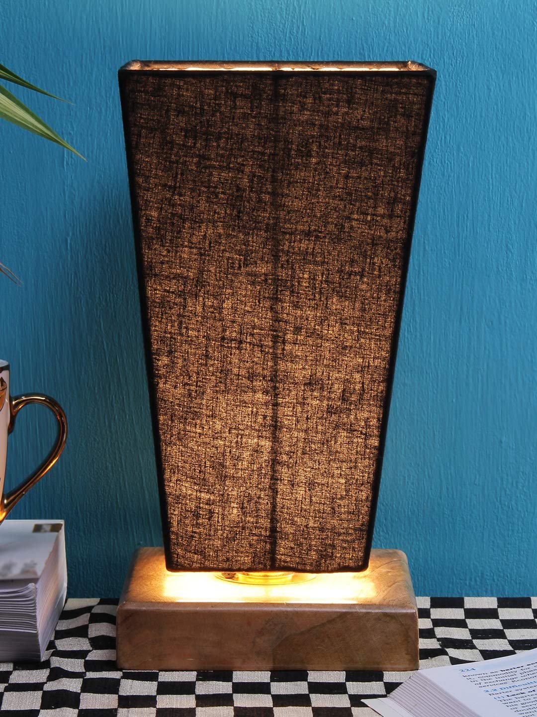 Black Pyramid Cotton Shade with Square Wood Base