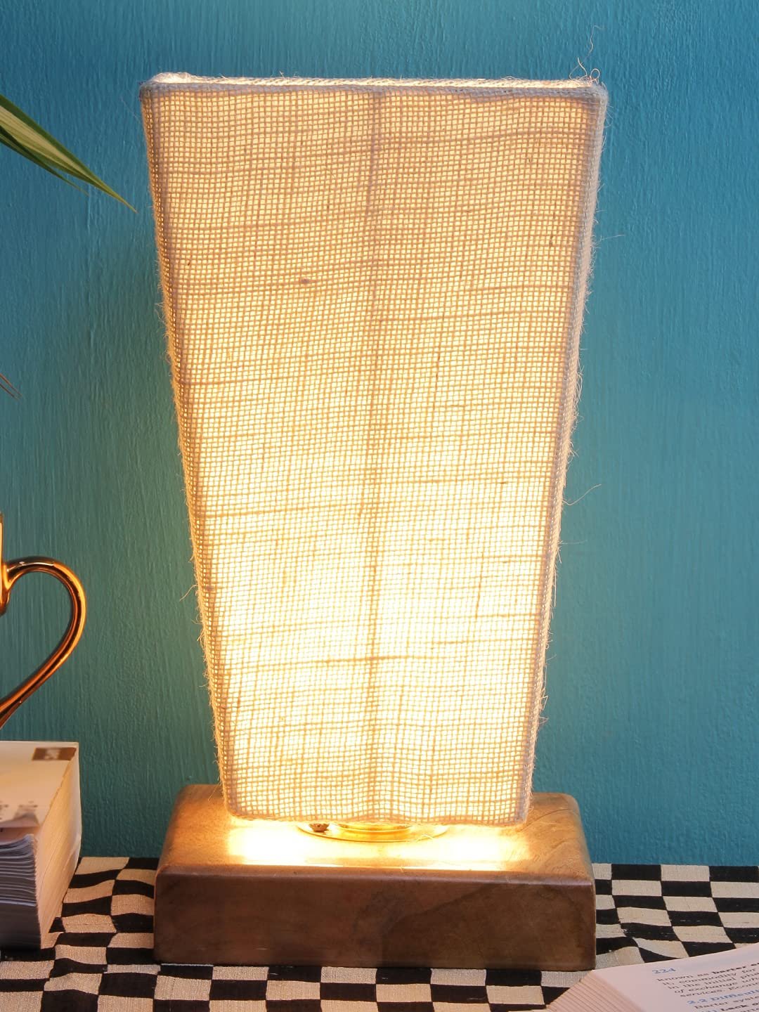 White Pyramid Jute Shade with Square Wood Base