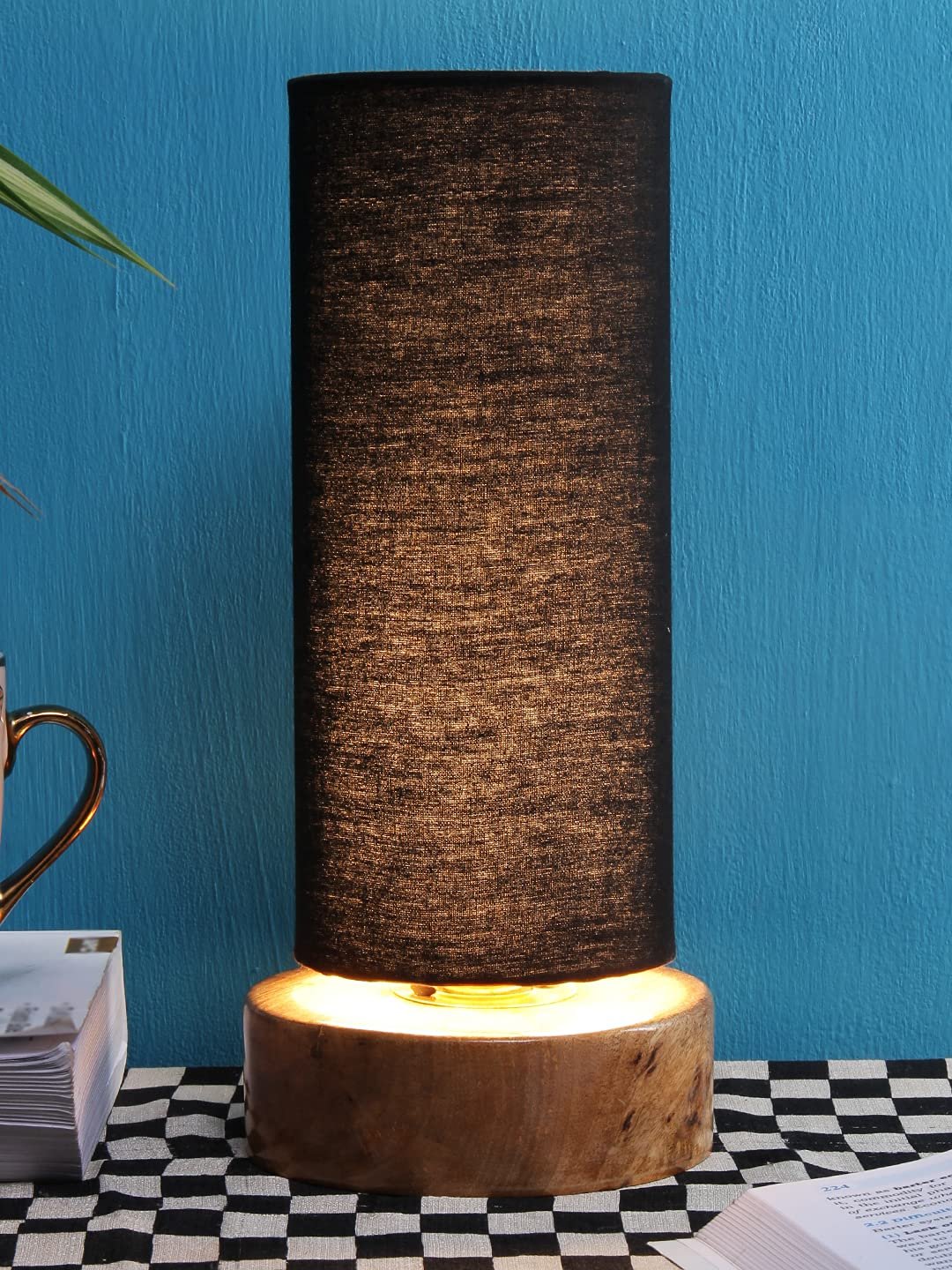 Black Cotton Shade with Round Wood Base