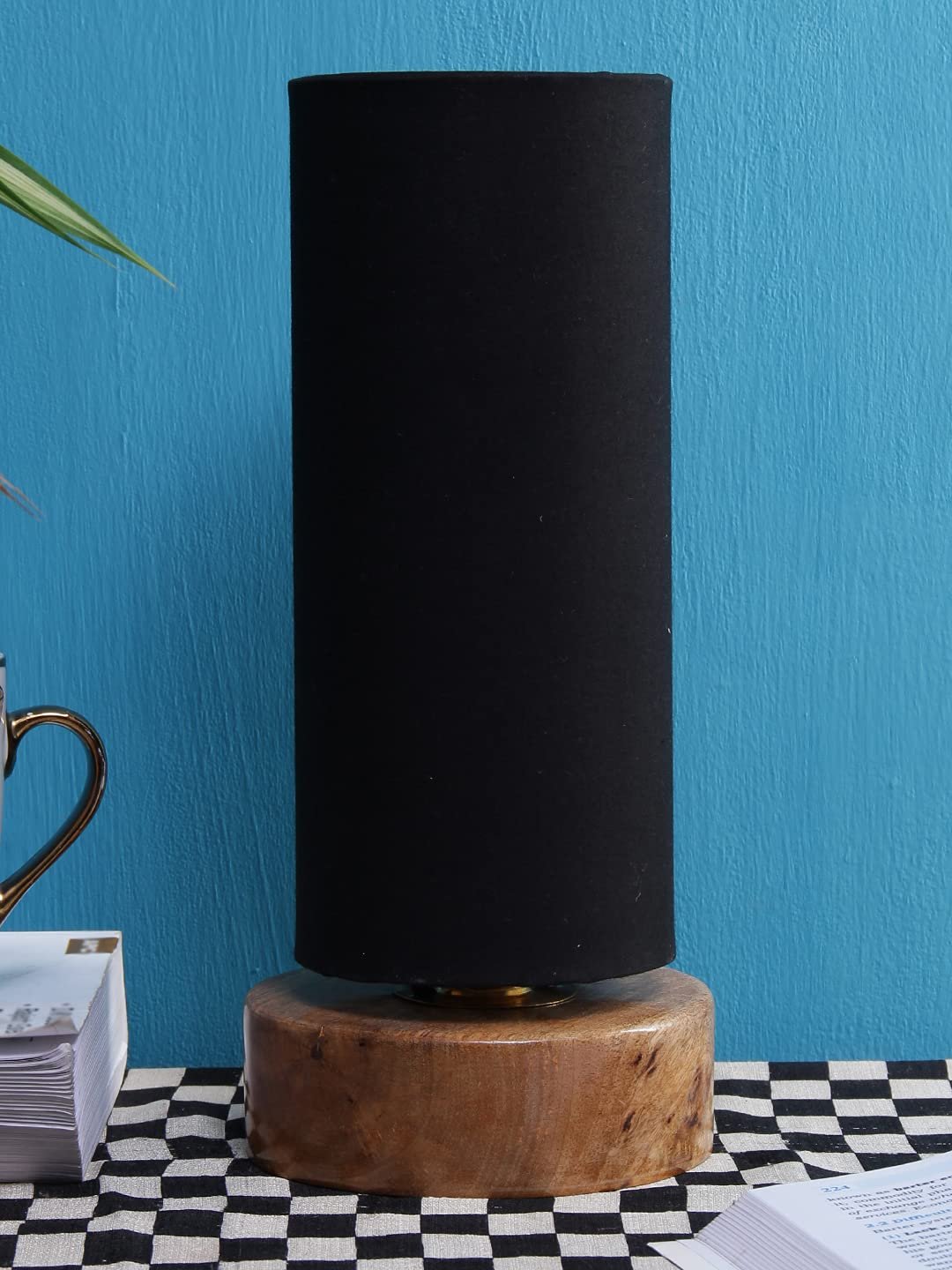 Black Cotton Shade with Round Wood Base