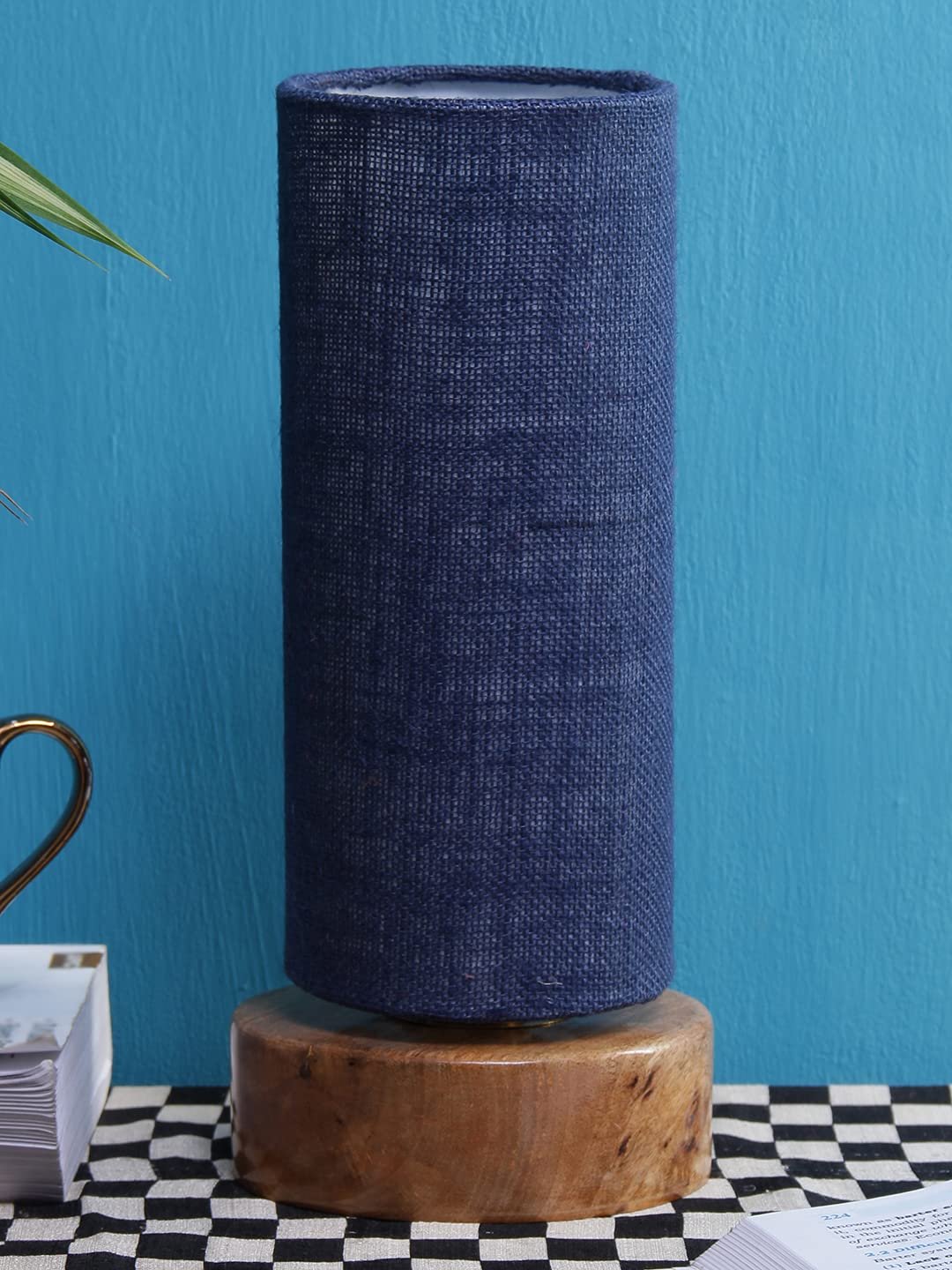 Blue Jute Shade with Round Wood Base