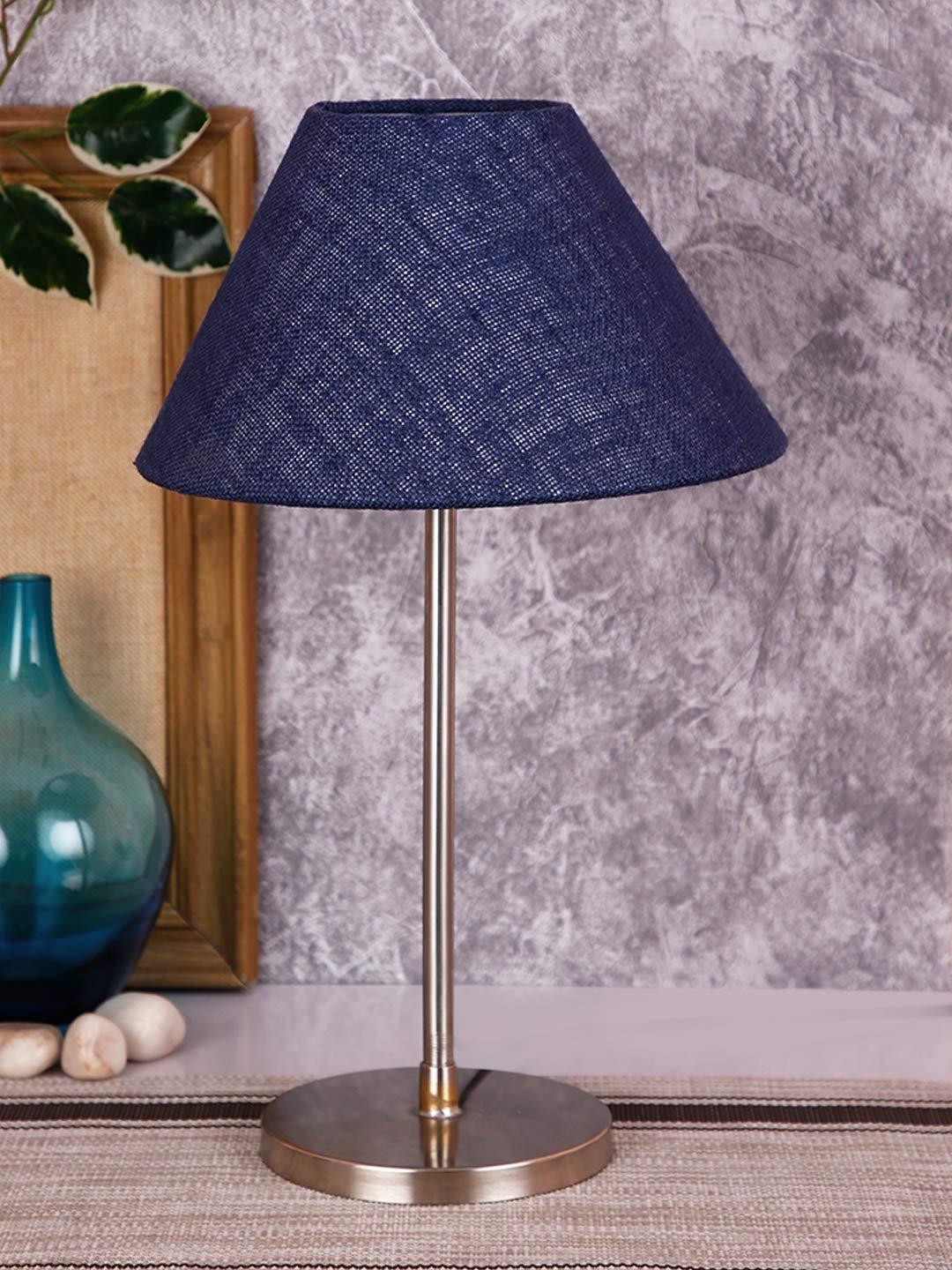 Conical Blue Jute Shade Table Lamp with Steel Base