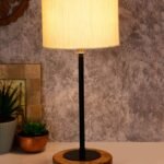 Drum Off White Cotton Shade Table Lamp with Wood Base