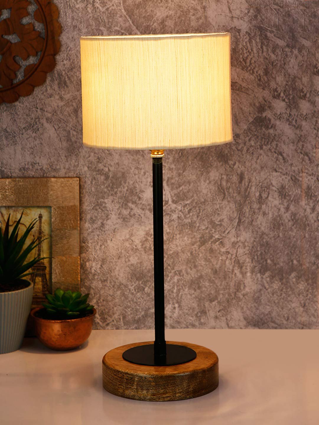 Drum Off White Cotton Shade Table Lamp with Wood Base
