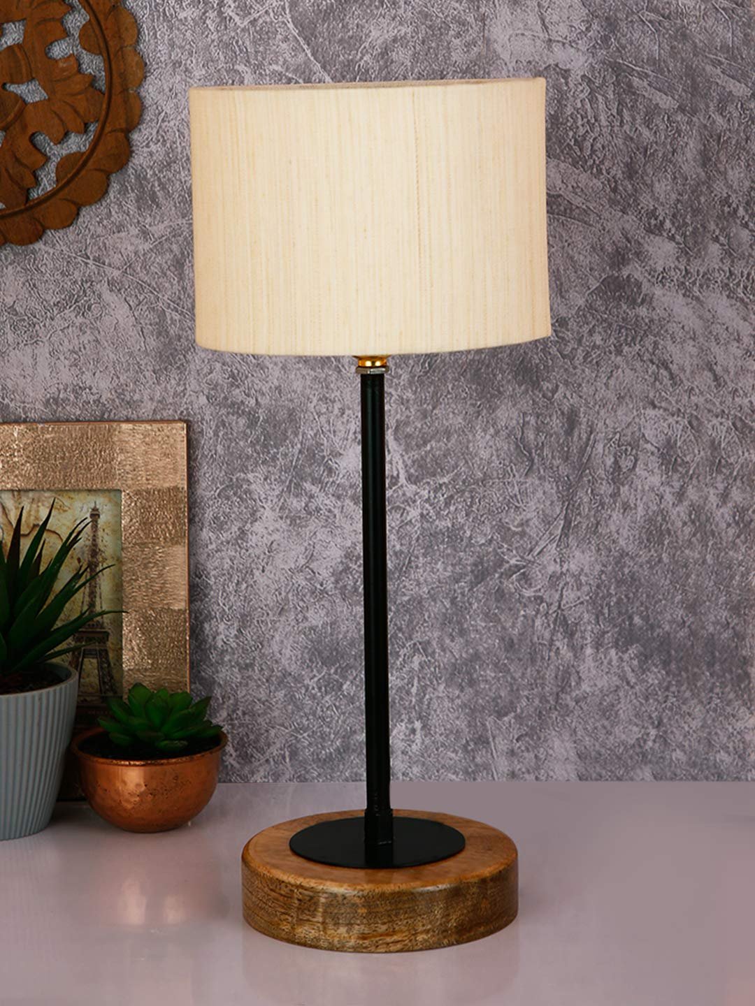 Drum Off White Cotton Shade Table Lamp with Wood Base