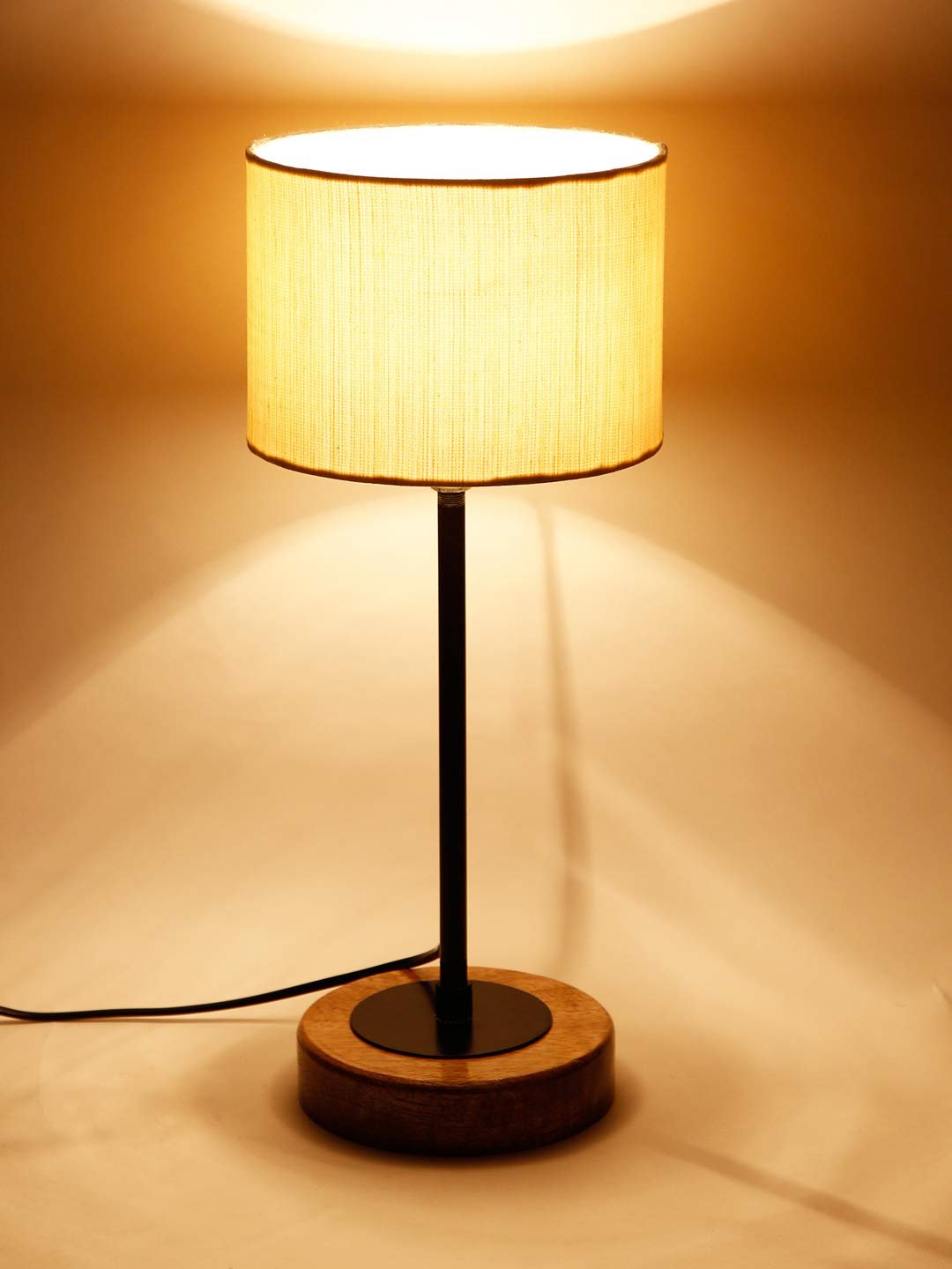 Drum Off White Cotton Shade Table Lamp with Wood Base