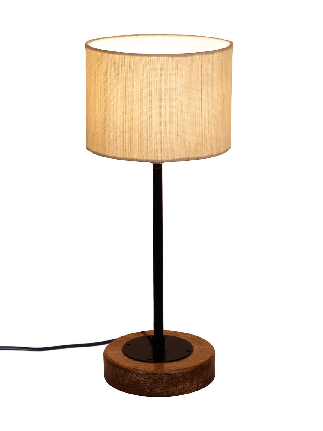 Drum Off White Cotton Shade Table Lamp with Wood Base