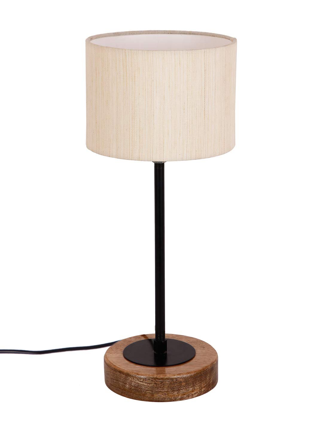 Drum Off White Cotton Shade Table Lamp with Wood Base