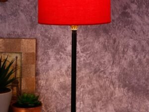 Drum Red Cotton Shade Table Lamp with Wood Base