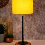 Drum Yellow Cotton Shade Table Lamp with Wood Base