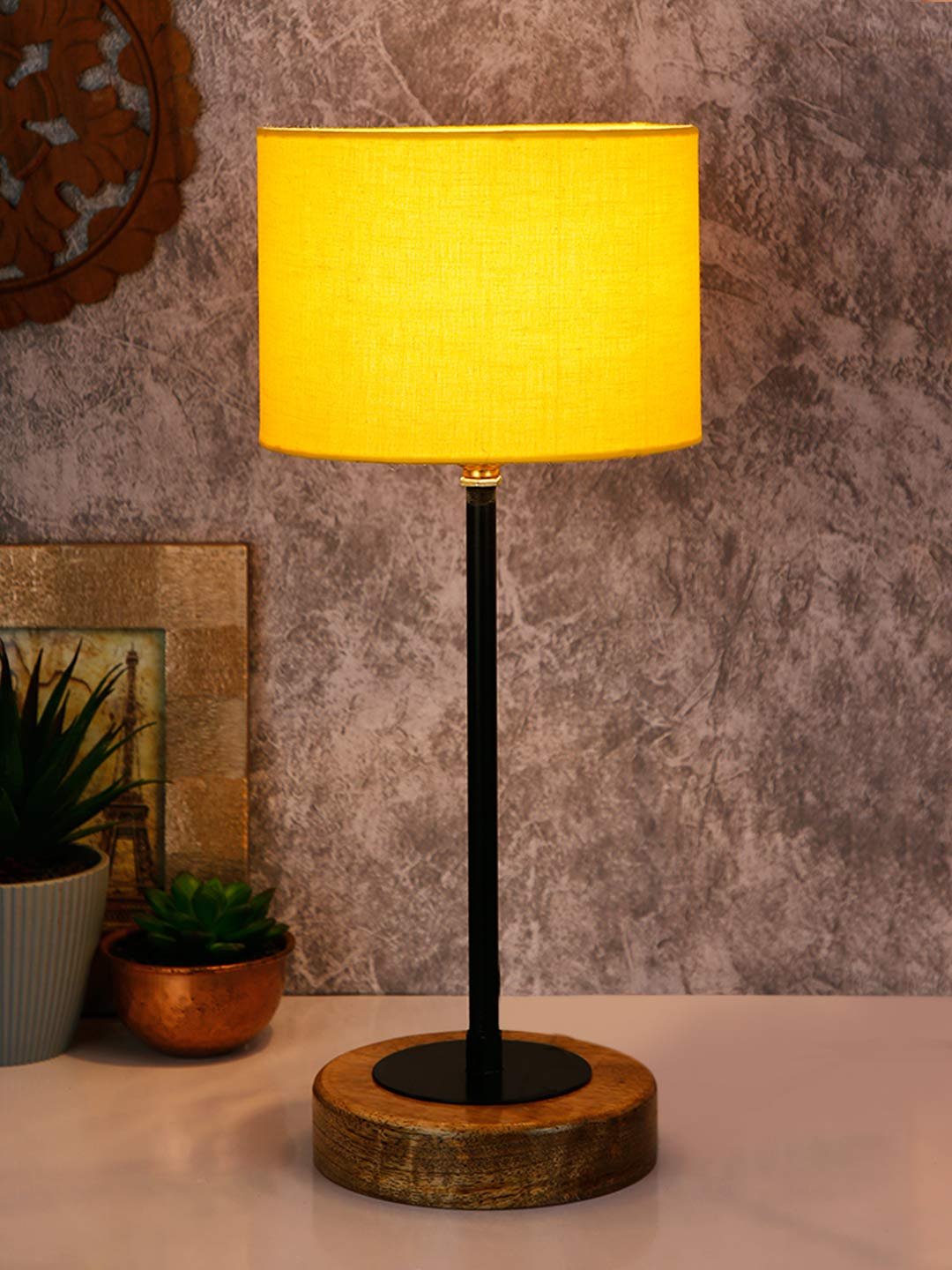 Drum Yellow Cotton Shade Table Lamp with Wood Base