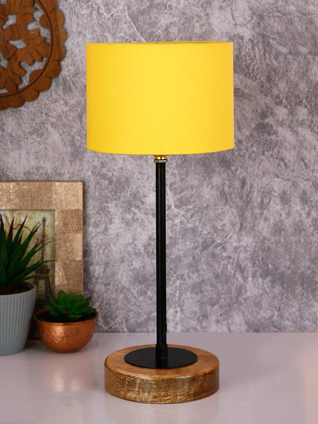 Drum Yellow Cotton Shade Table Lamp with Wood Base